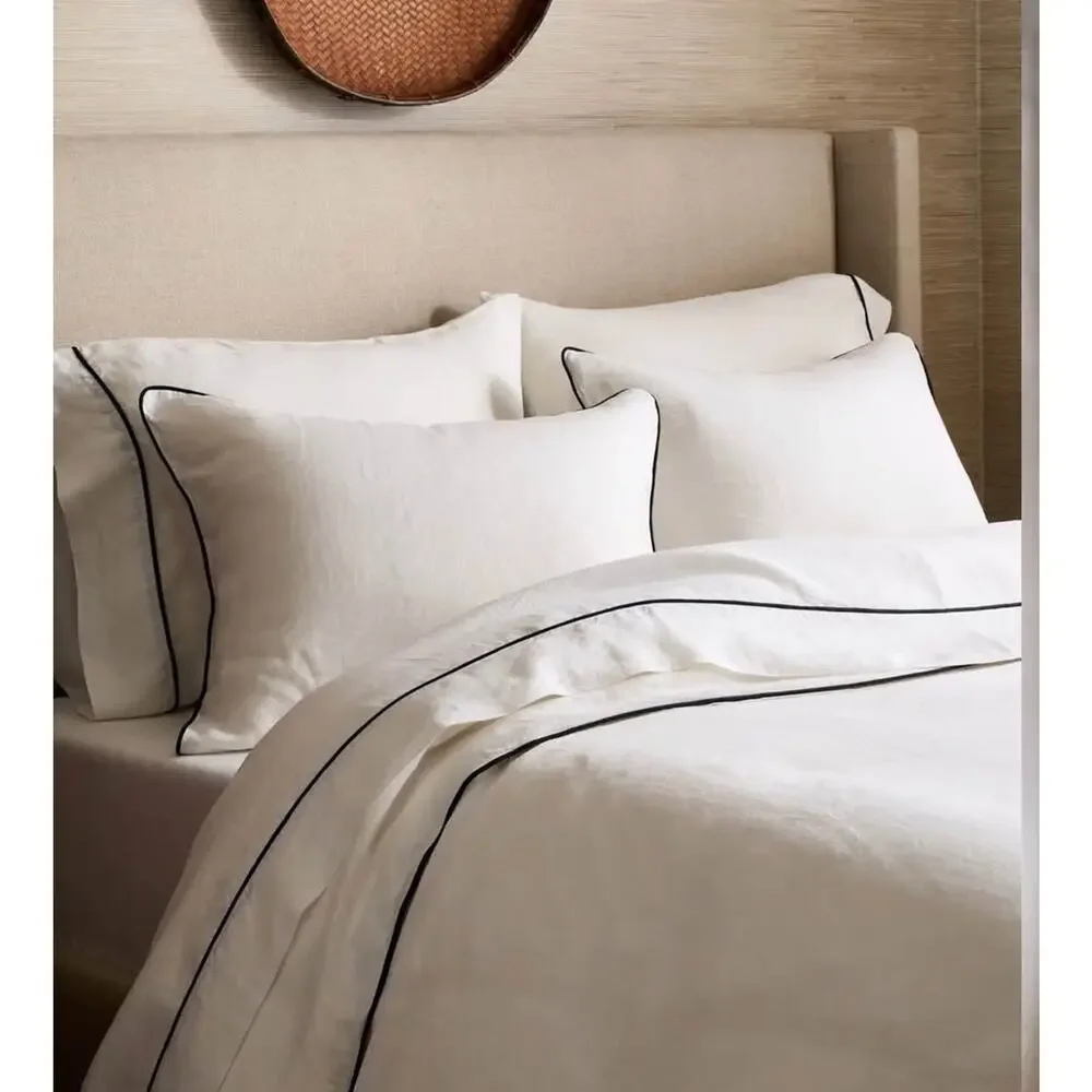 Quince Organic Linen White Piped Duvet Cover Set in size King/ Cal King